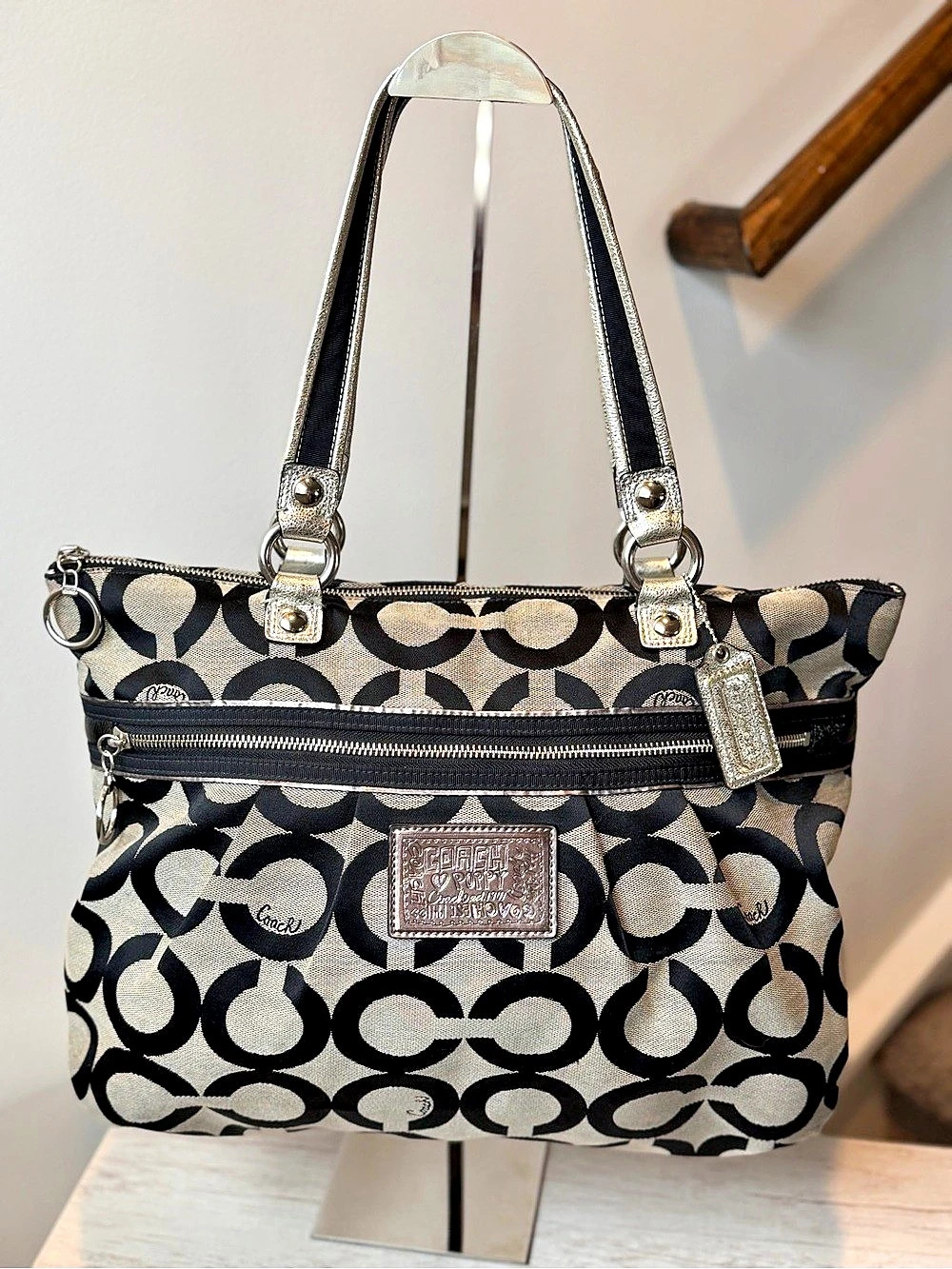 Coach Poppy Signature Tote in Black & Silver